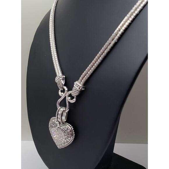 Lia Sophia Heart Pendant Necklace Silver Tone Rhinestone Double Braided Chain - Picture 4 of 9